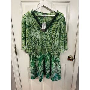 Catherine’s Green Fern Beaded Accordion Top sz 3X  NWT